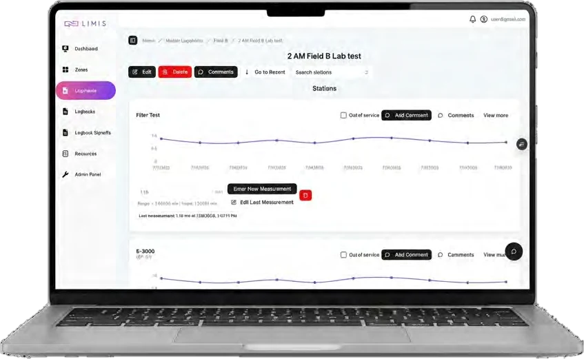Folhas de registro e leituras da LIMIS exibidas em um notebook.