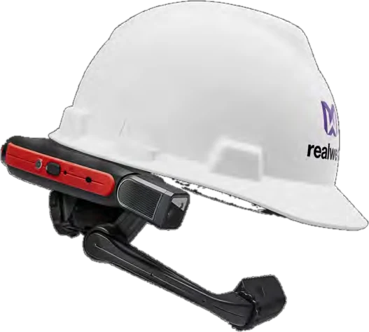 A RealWear headset mounted on a hardhat.